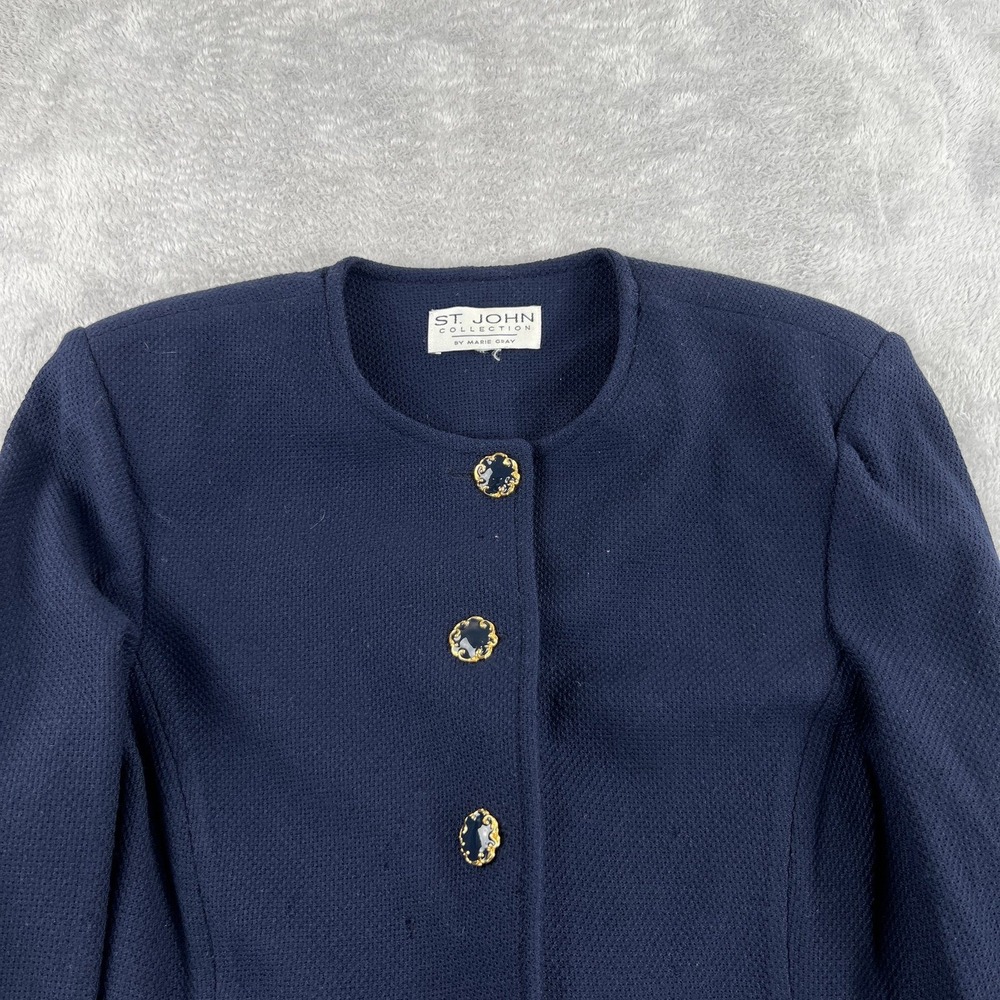St John Collection Marie Gray Medium Women Santana Knit Blazer Navy Gold Buttons - Picture 2 of 12